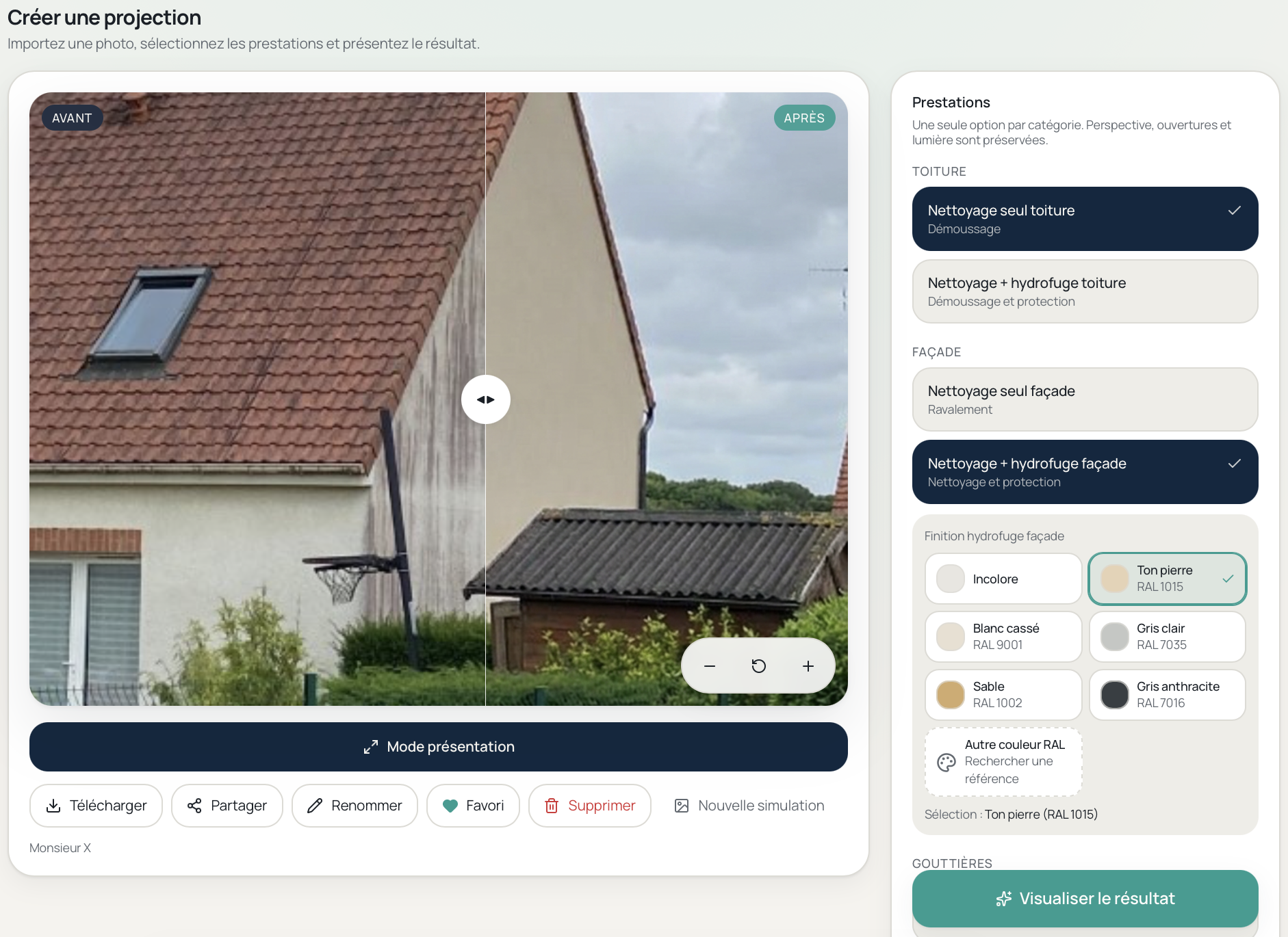 Interface Obraviz : projection avant / projection d’une maison et sélection des prestations avec nuancier RAL